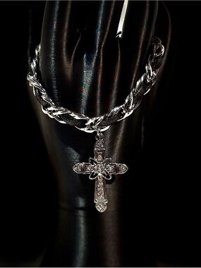 Silver Braided Chain Bracelet with Ornate Cross Charm